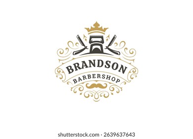 Classic barbershop emblem featuring a crown, scissors, trimmer, and mustache, ideal for vintage-style branding. Vector illustration