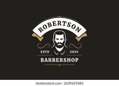 Classic barbershop emblem featuring a stylish gentleman silhouette, gold decorative elements, and a vintage font. Perfect for branding. Vector illustration