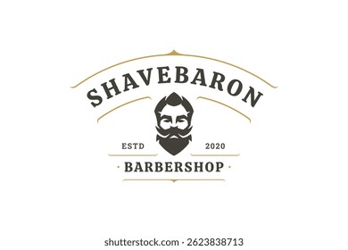 Classic barbershop emblem featuring a stylized beard silhouette, vintage font, and gold decorative elements. Vector illustration