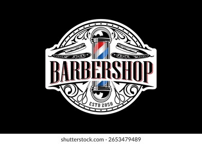 A classic barbershop logo design featuring a vintage barber pole, razors, and scissors.  Perfect for a traditional barbershop filigree ornament.