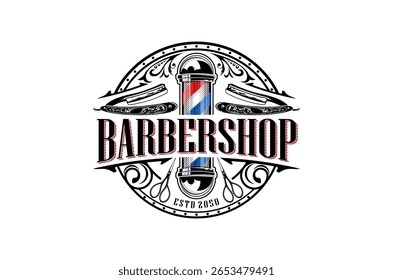 A classic barbershop logo design featuring a vintage barber pole, razors, and scissors.  Perfect for a traditional barbershop filigree ornament.