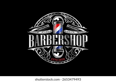 A classic barbershop logo design featuring a vintage barber pole, razors, and scissors.  Perfect for a traditional barbershop filigree ornament.