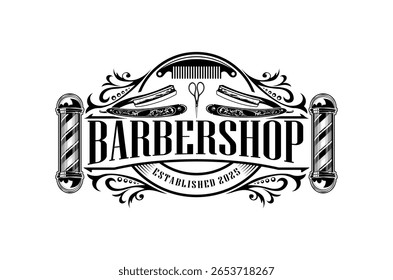 Classic barbershop logo design featuring vintage elements and a traditional barber pole. Scissors and razor element.
