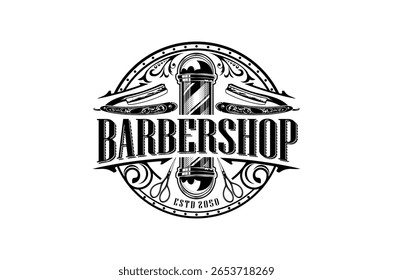 Classic barbershop logo design featuring vintage elements and a traditional barber pole. Scissors and razor element.