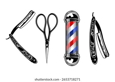 Classic barbershop logo design featuring vintage elements and a traditional barber pole. Scissors and razor element.