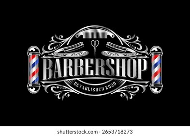 Classic barbershop logo design featuring vintage elements and a traditional barber pole. Scissors and razor element.