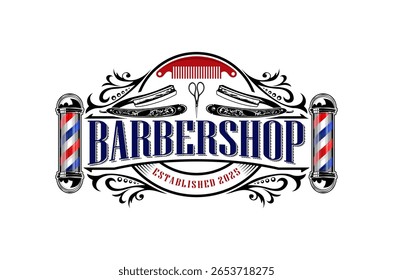 Classic barbershop logo design featuring vintage elements and a traditional barber pole. Scissors and razor element.