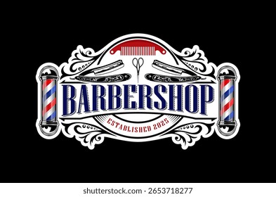 Classic barbershop logo design featuring vintage elements and a traditional barber pole. Scissors and razor element.