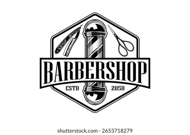 Classic barbershop logo design featuring vintage elements and a traditional barber pole. Scissors and razor element.