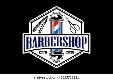 Classic barbershop logo design featuring vintage elements and a traditional barber pole. Scissors and razor element.