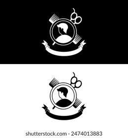 Classic barbershop logo design with scissors, comb, mirror and the silhouette of man