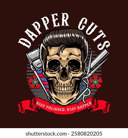 Classic Barbershop Skull Head with a razor blade, scissor, and electric Clipper elements Logotype Badge Vector Illustration