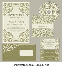 Classic baroque business cards or invitations set, gold and brown on beige background