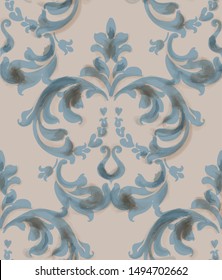 Classic baroque ornament Vector. Blue watercolor decor trendy texture old style