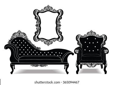 Classic Baroque royal set with luxurious ornaments . Vector sketch