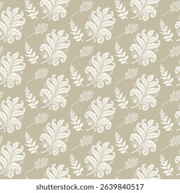 Classic baroque seamless pattern with elegant white feather-like leaves on a beige background. A sophisticated and ornate design for traditional textiles and decor. 