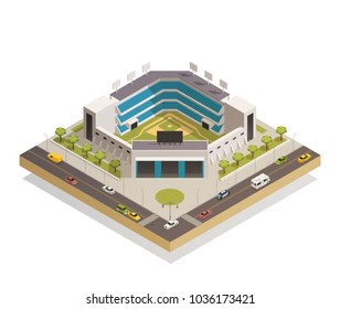 Classic baseball ballpark play area with sport stadium seating entrance and adjacent streets isometric composition vector illustration  