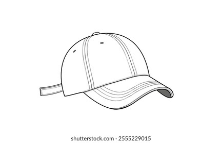 Classic baseball Cap technical fashion illustration. baseball cap vector template illustration. isometric view. curved brim. adjustable strap. unisex. white color. CAD mockup.