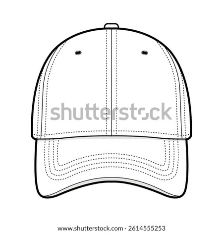 Classic Baseball Cap Technical Fashion Illustration. Structured 6-Panel Hat Vector Template. Front View. Topstitch Details. Adjustable Back Closure. White Color. CAD Mockup.