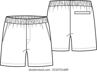 Clásico básico de los hombres activo boxer corto con bolsillos delanteros y trasero del usuario bolsillo ribeteado lateral derecho, cintura elástica, ilustración de boceto de Vector plano, diseño de moda, vista frontal y posterior