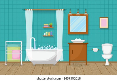 Classic Bathroom Interior Clean Room Wooden Accent Furniture Flat Design