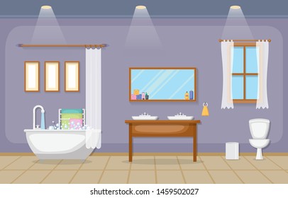 Classic Bathroom Interior Clean Room Wooden Accent Furniture Flat Design