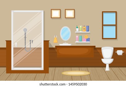 Classic Bathroom Interior Clean Room Wooden Accent Furniture Flat Design