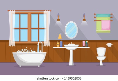 Classic Bathroom Interior Clean Room Wooden Accent Furniture Flat Design