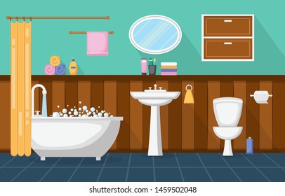 Classic Bathroom Interior Clean Room Wooden Accent Furniture Flat Design