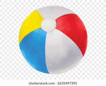 Classic beach ball with red, yellow, and blue panels placed on beach sand, perfect for summer vacation scenes.vector