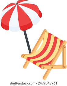 A classic beach chair with a red and yellow striped fabric and a sturdy wooden frame with Umbrella.