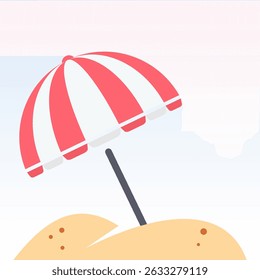 classic beach scene with a red and white striped umbrella set in golden sand, angled to provide shade. A light blue sky background adds to the summer vibe. Ideal for to vacations,beach holidays, 