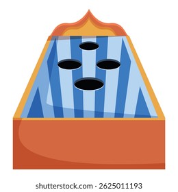 Classic beanbag toss game sitting on a tabletop, featuring a blue striped surface and four target holes