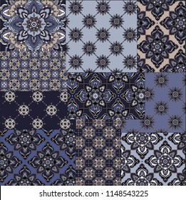 classic beautiful paisley pattern. seamless blue patchwork and paisley pattern