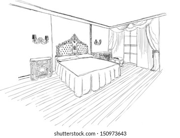 Classic bedroom interior designed in black and white graphics