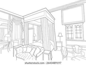 Classic Bedroom Interior Line Art Illustration, Detailed black and white line art drawing of a classic and elegant bedroom interior. Features include a four-poster bed, comfortable sofa, desk,