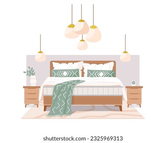 El interior de las habitaciones clásicas para los padres. Gran cama doble de madera en patas con colchón alto, mesitas de noche, moqueta, lámpara de techo. Ilustración vectorial aislada en fondo blanco.