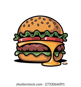Caricatura clásica de la hamburguesa de carne con queso derretido y verduras frescas