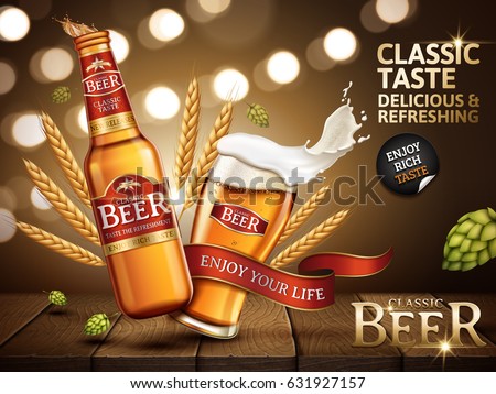 classic beer ad contained in bottle and glass, with bright red labels stuck on, 3d illustration