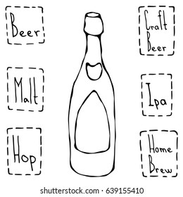 Classic Beer Bottle. Hand Drawn Vector Illustraition.