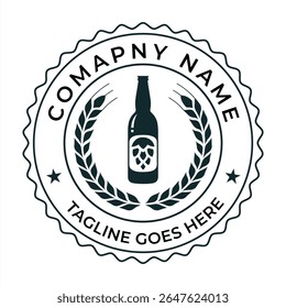 Classic Beer Company Logo Featuring a Bottle Inside a Wheat Laurel and a Wavy Circular Border Design