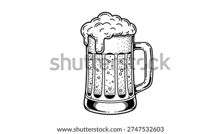 Classic beer mug filled with dark lager and topped with a thick layer of creamy white foam in a vintage hand drawn style.