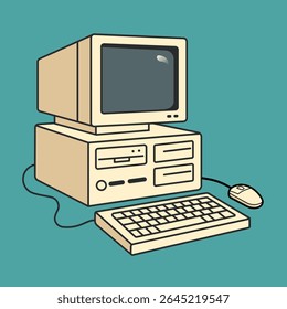 Classic beige desktop computer with a monitor, keyboard, and mouse is displayed on a teal background, reminiscent of vintage technology and digital history, ideal for retro tech-themed designs.