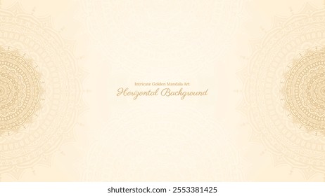 Classic Beige Horizontal Background with Intricate Golden Mandala Art Pattern