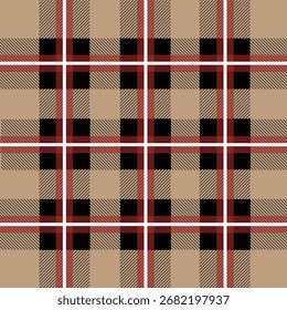 Patrón clásico de cuadros de tartán beige con rayas negras, blancas y rojas. Diseño textil atemporal