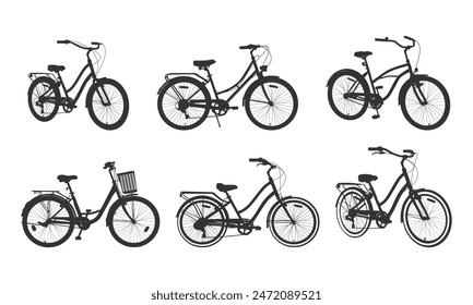 Classic bicycle silhouettes, Female bike silhouette, Vintage bicycle silhouette,  Vintage bicycle vector, Old bicycle silhouette.