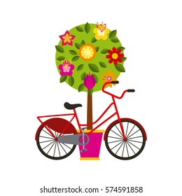 classic bicycle and tree with flowers over white background. spring season concept. colorful design. vector illustration