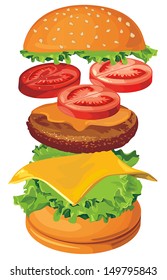 Classic Big hamburger with fresh ingredients. Vector illustration