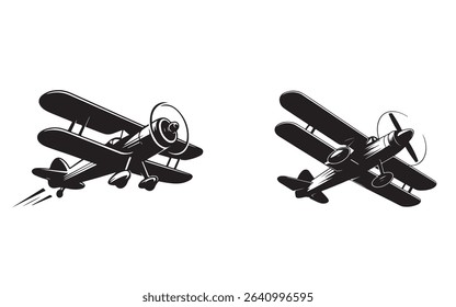 Classic Biplane Silhouette Vector Set for Retro Aviation Designs. Vintage Aircraft Propeller Plane Illustration Bundle for T-Shirts and Posters