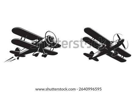 Classic Biplane Silhouette Vector Set for Retro Aviation Designs. Vintage Aircraft Propeller Plane Illustration Bundle for T-Shirts and Posters